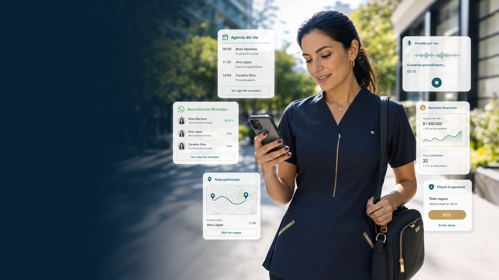 Imagen generada por IA de dashboard AppCitas con agenda, rutas, WhatsApp, dictado y finanzas